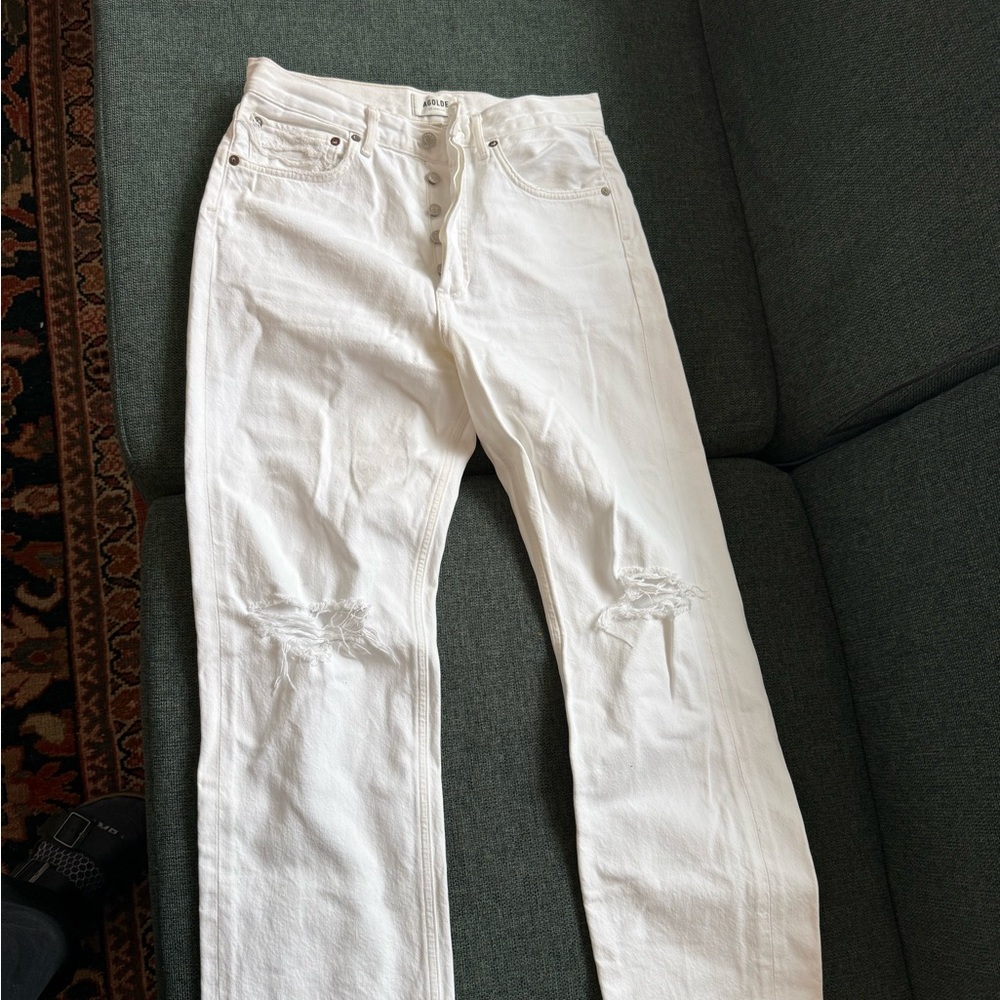 Agolde Women’s White Distressed Straight Leg Jeans, size 26